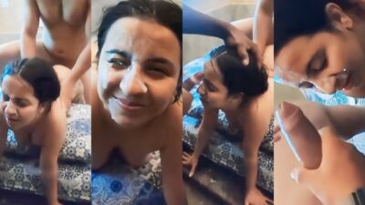 Horny GF Threesome Fuck Getting Cum Shower HD